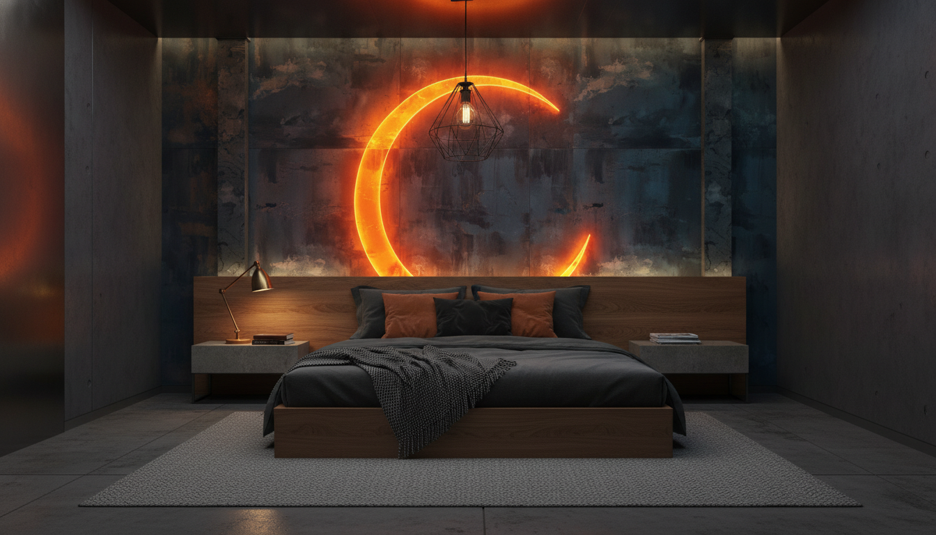Papier peint néon cercle lumineux orange fond industriel grunge - Chambre adulte