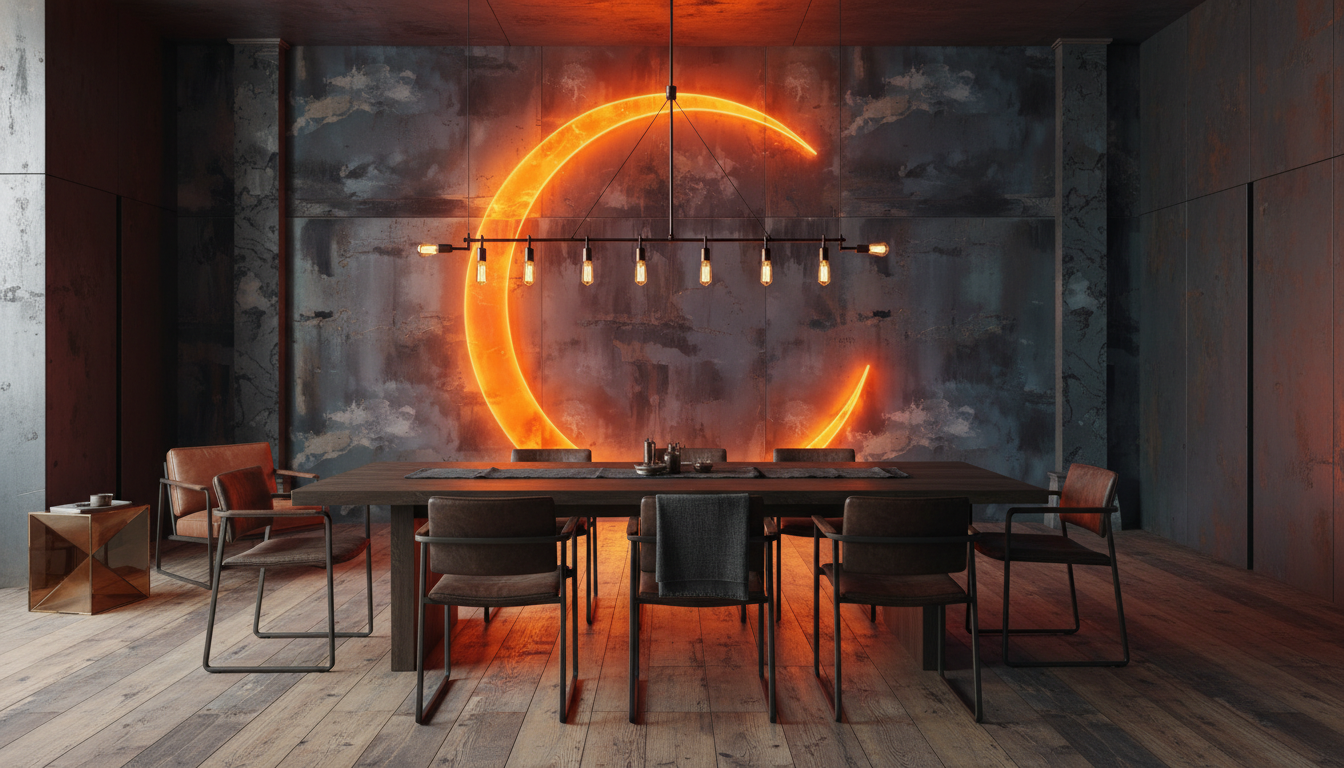 Papier peint néon cercle lumineux orange fond industriel grunge - Salle à manger