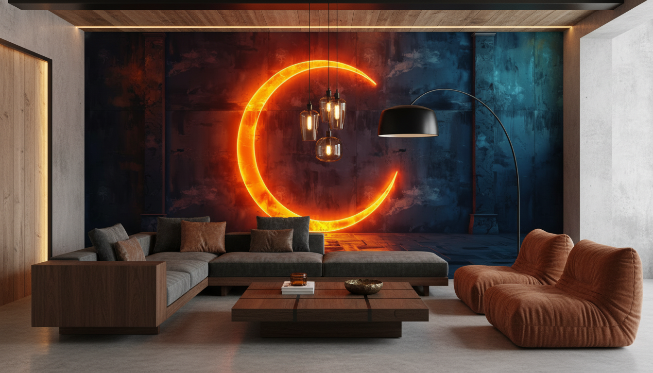 Papier peint néon cercle lumineux orange fond industriel grunge - Salon / Séjour