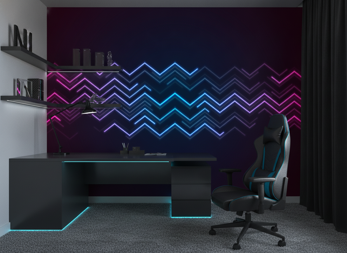 Papier Peint Neon Chevrons Lumineux Style Synthwave Futuriste Électronique - Bureau