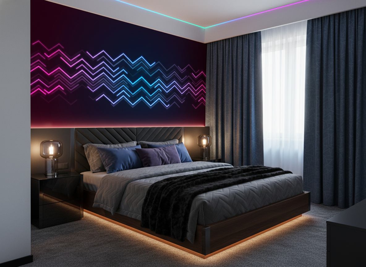 Papier Peint Neon Chevrons Lumineux Style Synthwave Futuriste Électronique - Chambre adulte