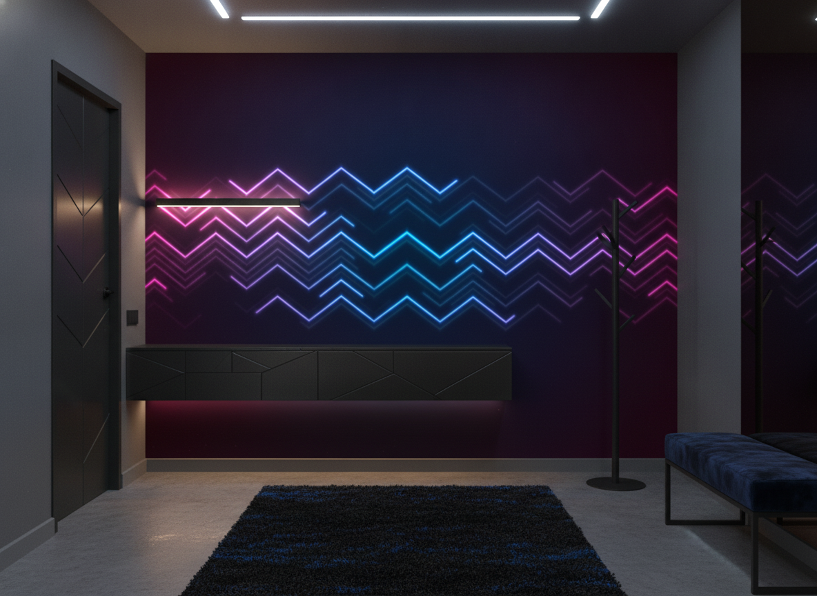 Papier Peint Neon Chevrons Lumineux Style Synthwave Futuriste Électronique - Entrée