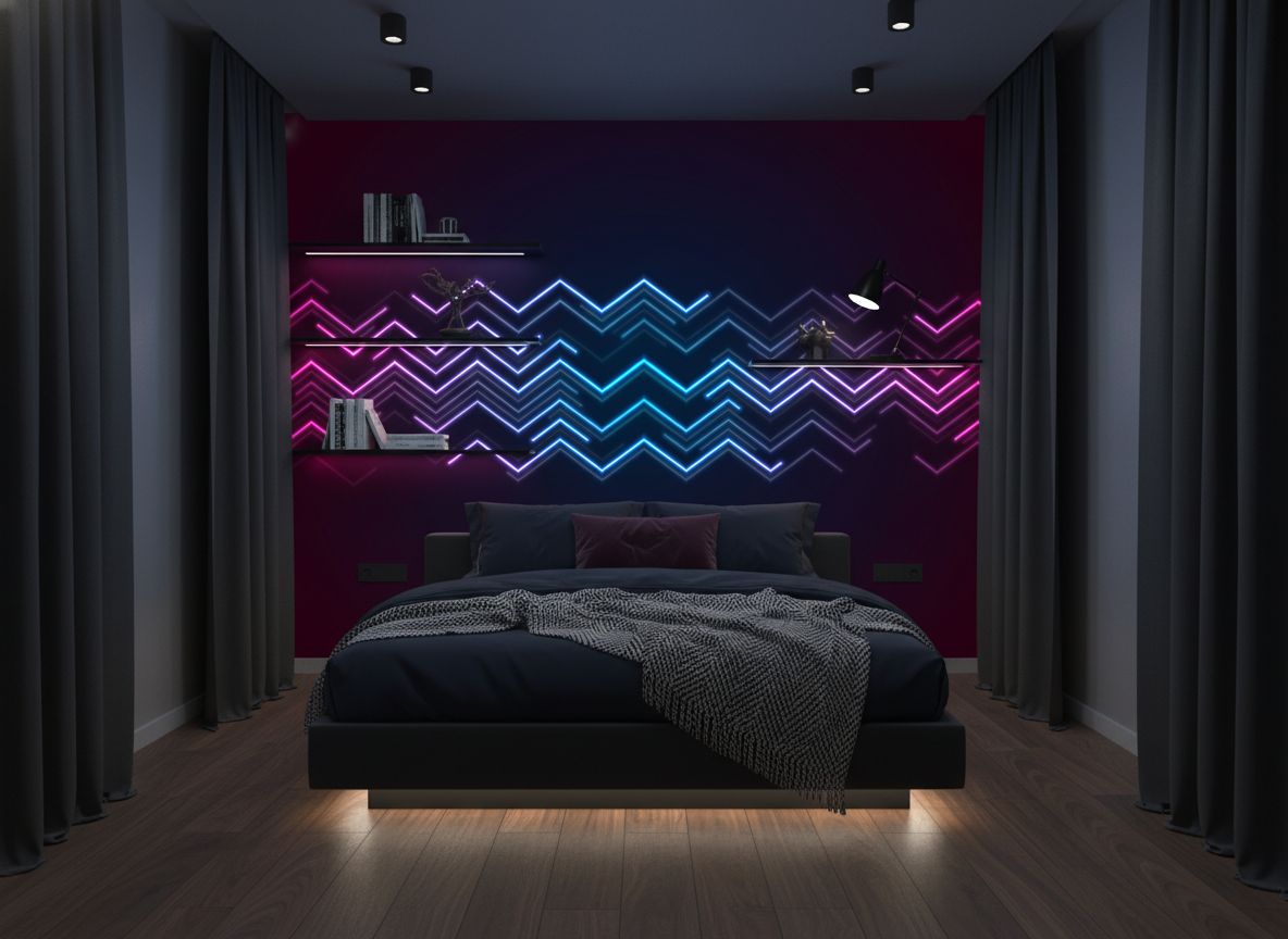 Papier Peint Néon Électrique Chevrons Lumineux Dégradé Futuriste - Chambre ado