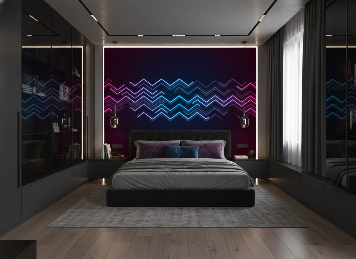 Papier Peint Néon Électrique Chevrons Lumineux Dégradé Futuriste - Chambre adulte