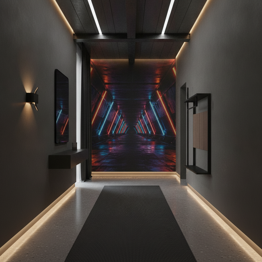 Papier Peint Néon Futuriste Tunnel Cyberpunk Éclairage Coloré - Couloir