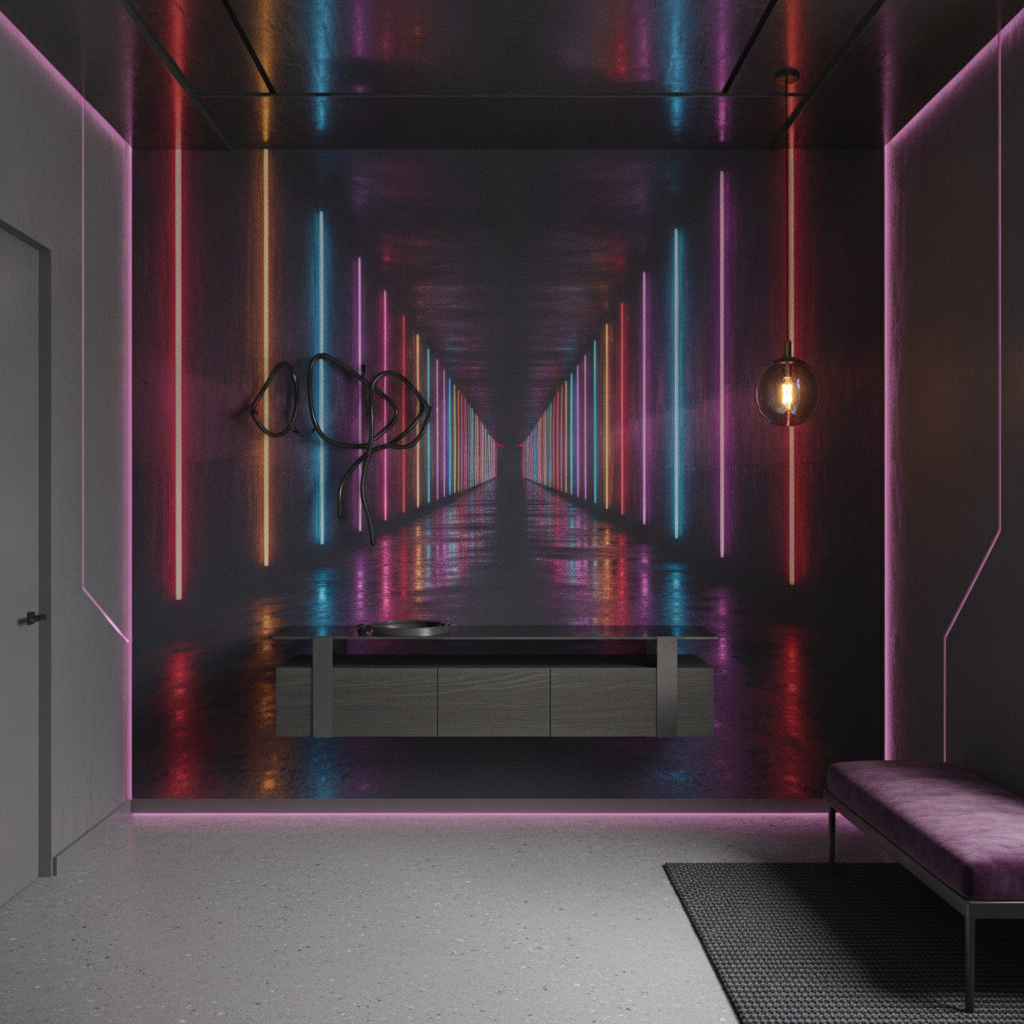 Papier Peint Néon Futuriste Tunnel Cyberpunk Éclairage Coloré - Entrée