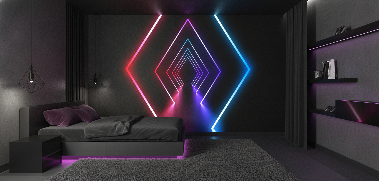 Papier Peint Néon Futuriste Tunnel Géométrique Diamants Lumineux - Chambre ado