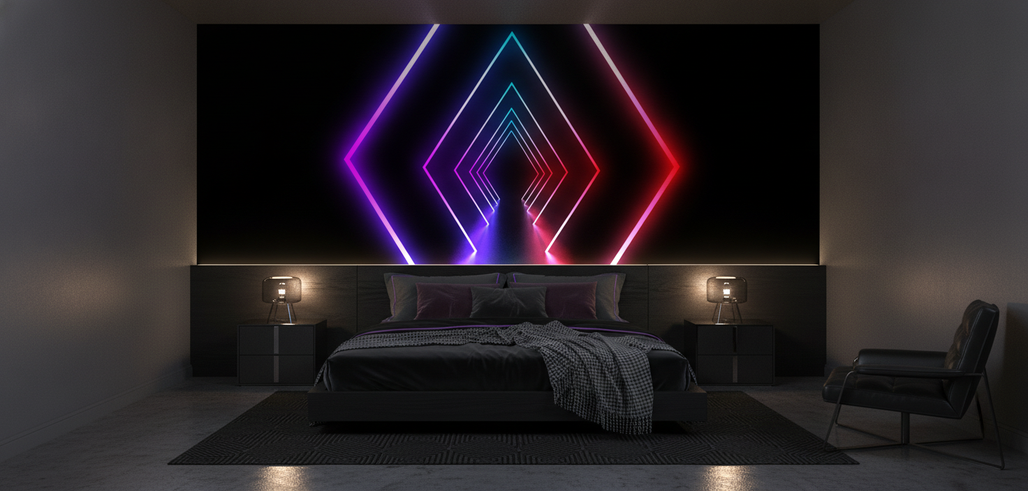 Papier Peint Néon Futuriste Tunnel Géométrique Diamants Lumineux - Chambre adulte