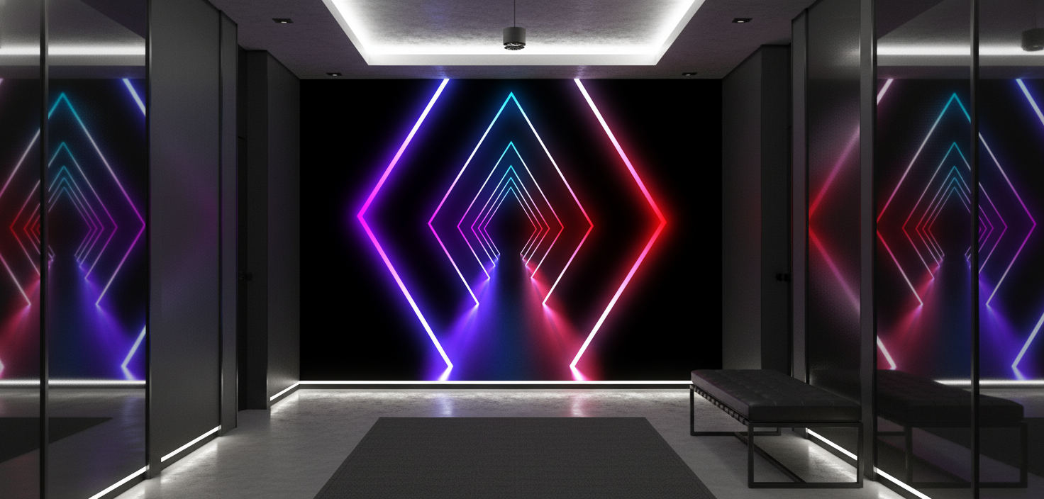 Papier Peint Néon Futuriste Tunnel Géométrique Diamants Lumineux - Entrée