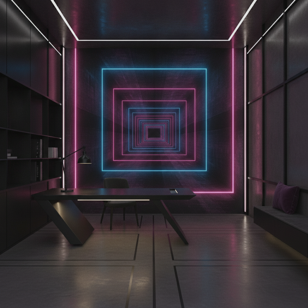 Papier Peint Néon Futuriste Tunnel Lumineux Cyberpunk Rose Bleu - Bureau