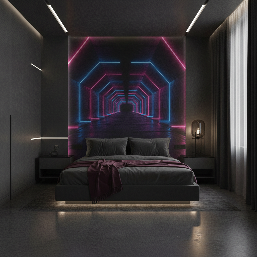 Papier Peint Tunnel Cyberpunk Néon Rose et Bleu Perspective Infinie — Hôtel