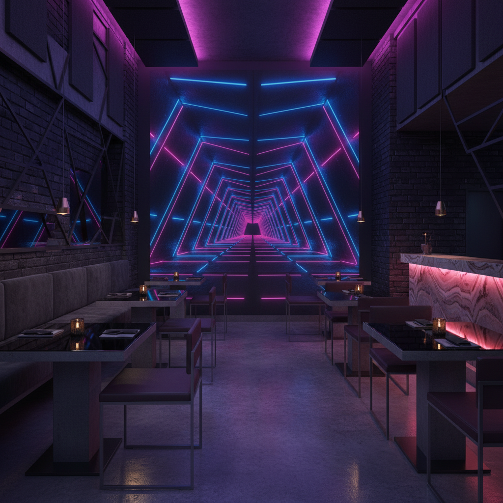 Papier Peint Néon Futuriste Tunnel Lumineux Cyberpunk Rose Bleu - Restaurant