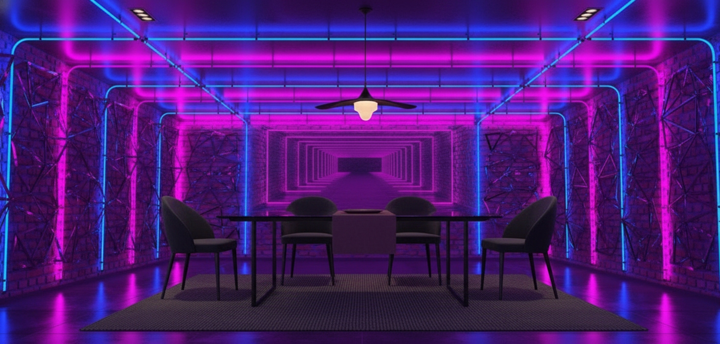 Papier Peint Néon Futuriste Tunnel Lumineux Cyberpunk Rose Bleu - Salle à manger