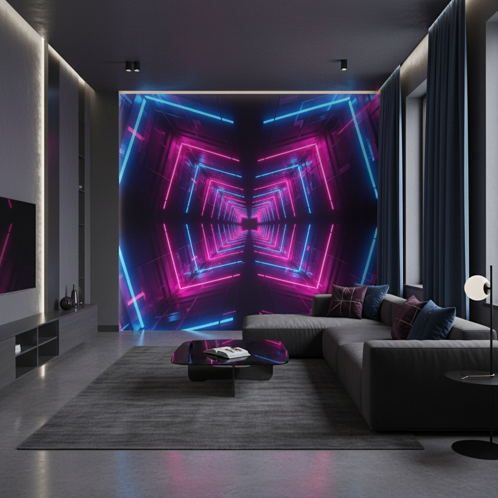 Papier Peint Néon Futuriste Tunnel Lumineux Cyberpunk Rose Bleu - Salon / Séjour