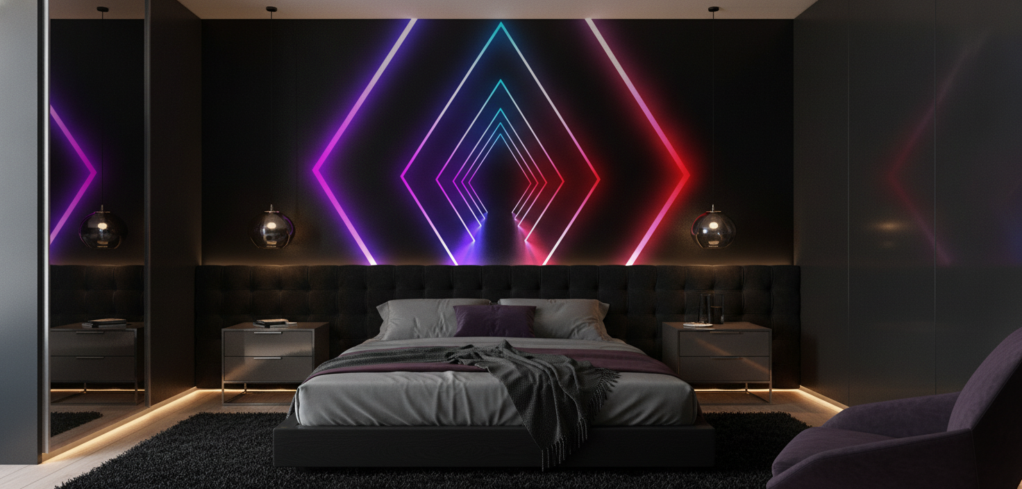 Papier peint néon géométrique avec tunnel lumineux coloré moderne - Chambre adulte
