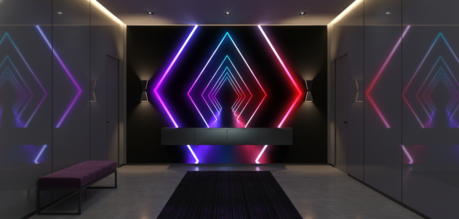 Papier peint néon géométrique avec tunnel lumineux coloré moderne - Entrée