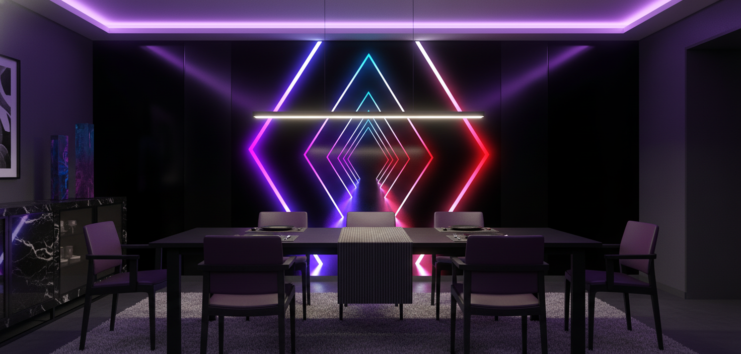 Papier peint néon géométrique avec tunnel lumineux coloré moderne - Salle à manger