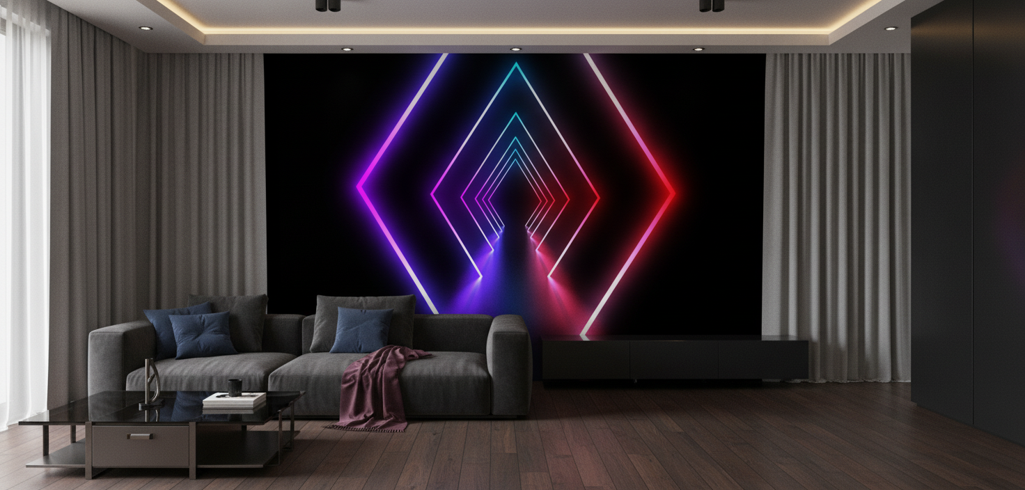 Papier peint néon géométrique avec tunnel lumineux coloré moderne - Salon / Séjour