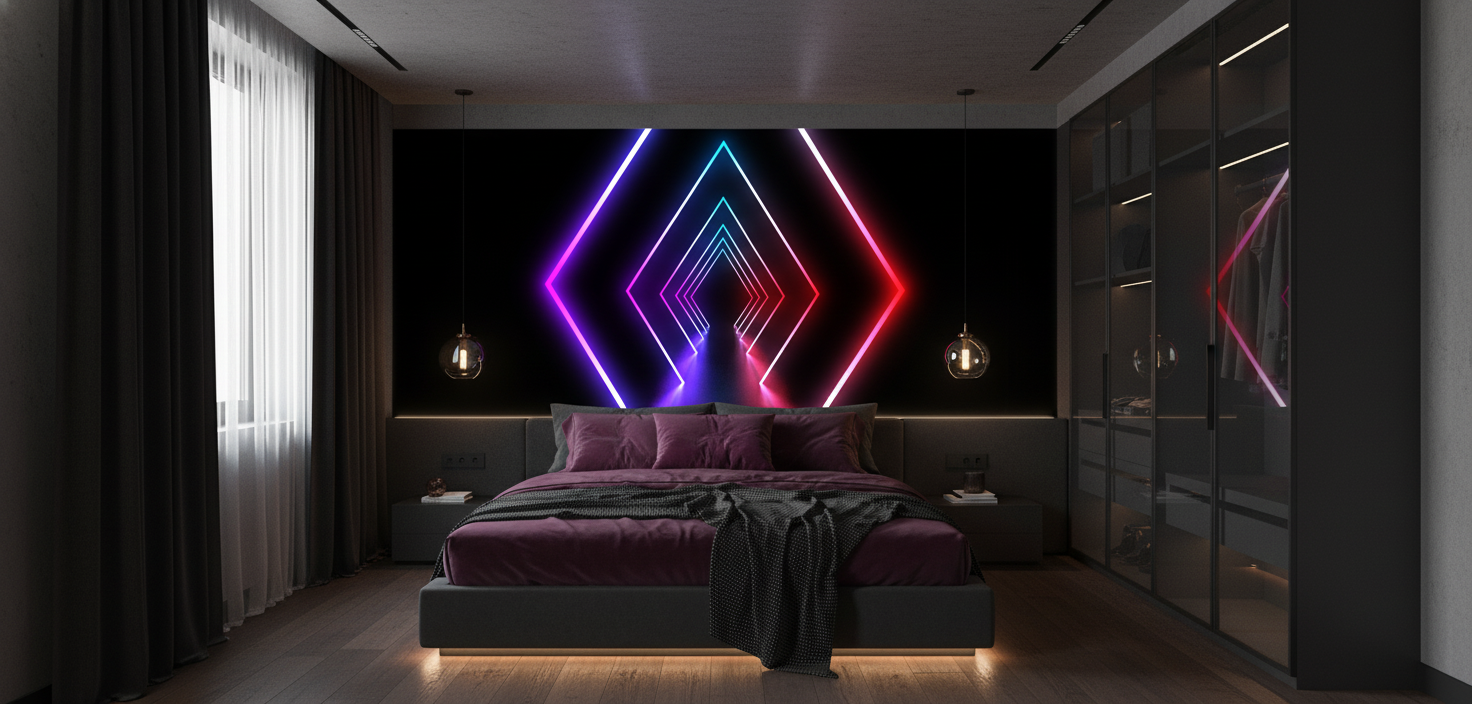Papier Peint Néon Géométrique Diamants Lumineux Dégradé Multicolore - Chambre adulte