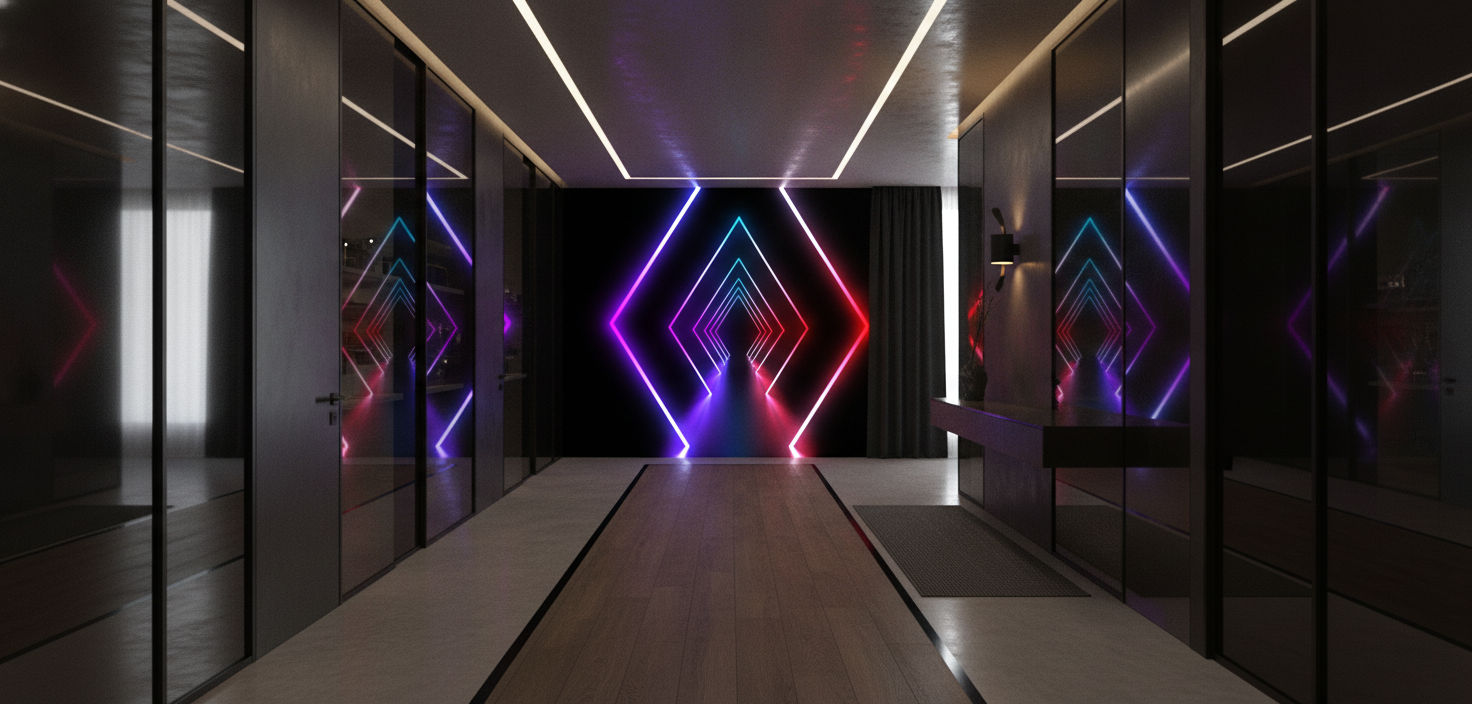 Papier Peint Néon Géométrique Diamants Lumineux Dégradé Multicolore - Couloir