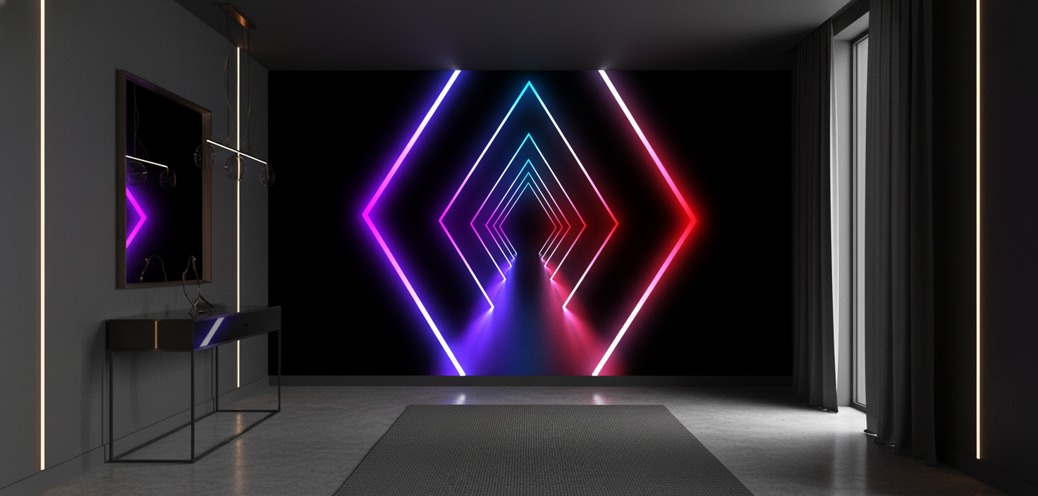 Papier Peint Néon Géométrique Diamants Lumineux Dégradé Multicolore - Entrée