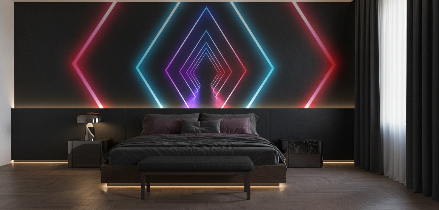 Papier Peint Néon Géométrique Diamants Lumineux Futuriste Multicolore - Chambre adulte
