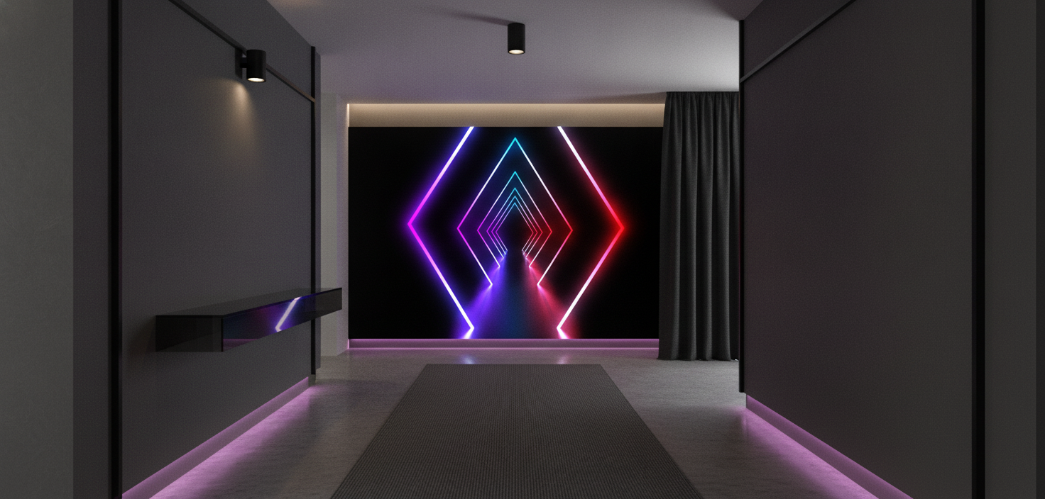 Papier Peint Néon Géométrique Diamants Lumineux Futuriste Multicolore - Couloir