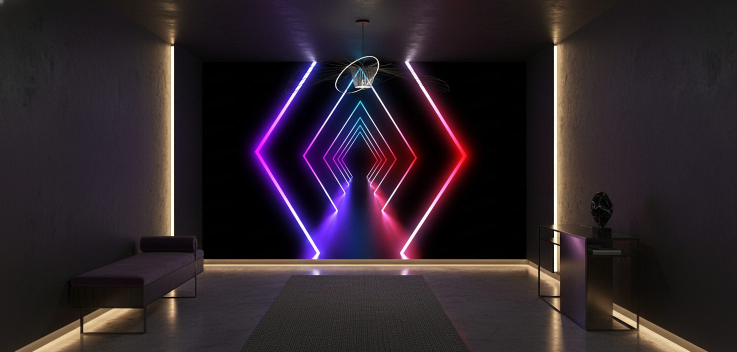 Papier Peint Néon Géométrique Diamants Lumineux Futuriste Multicolore - Entrée