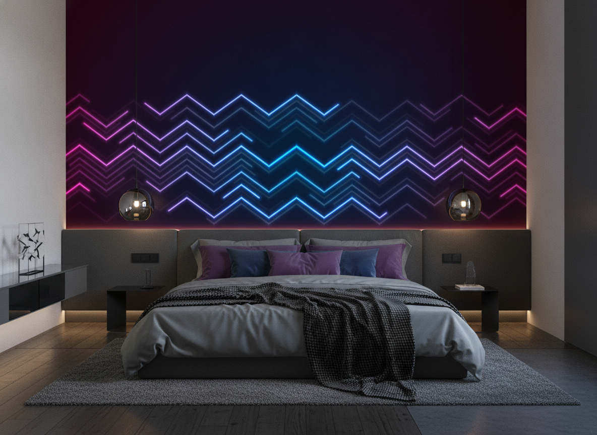 Papier Peint Néon Géométrique Zigzag Effet Lumineux Futuriste - Chambre adulte