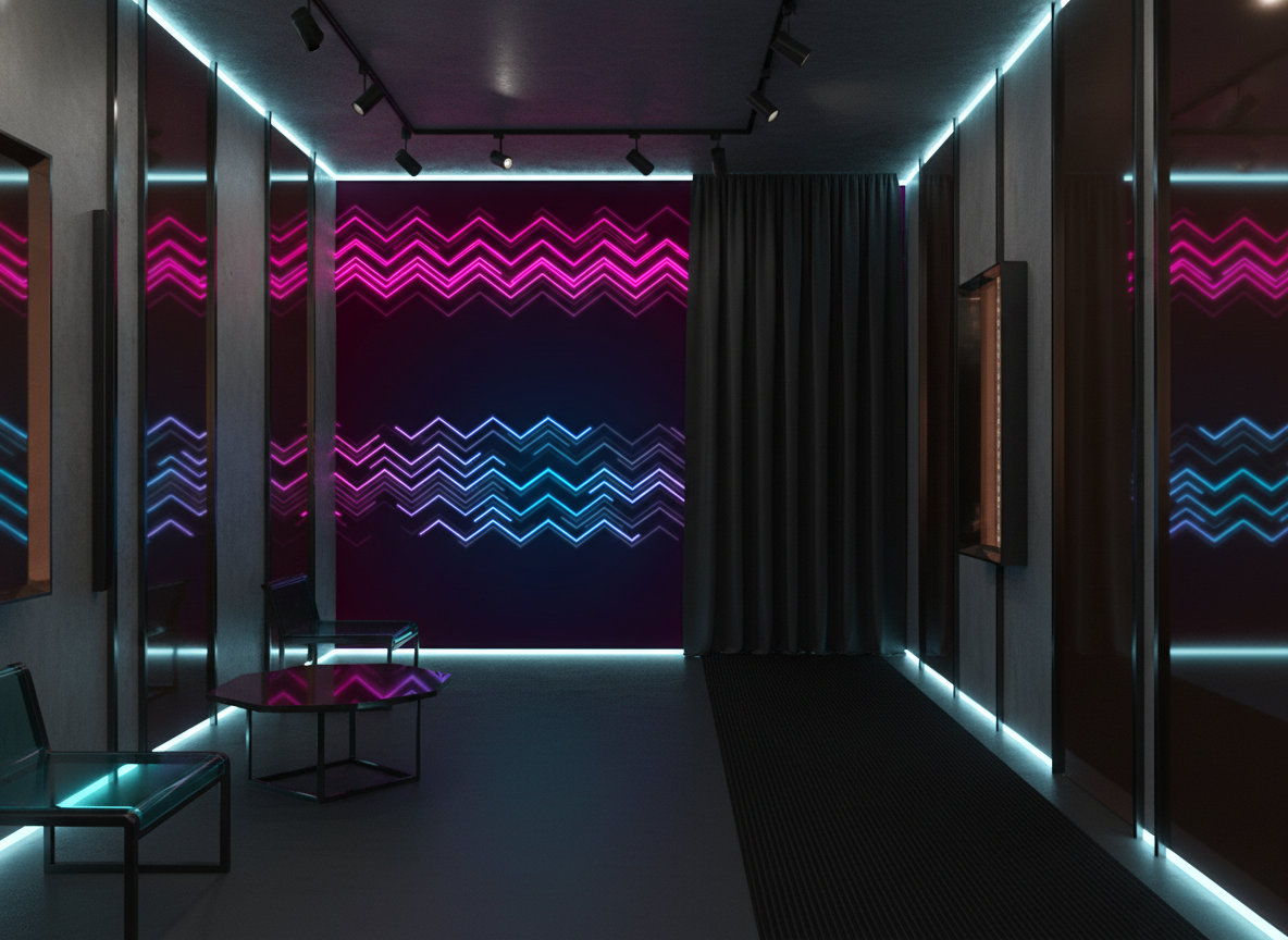 Papier Peint Néon Géométrique Zigzag Effet Lumineux Futuriste - Couloir