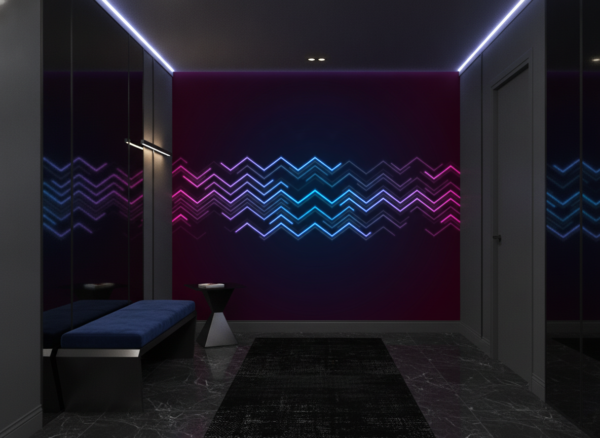 Papier Peint Néon Géométrique Zigzag Effet Lumineux Futuriste - Entrée
