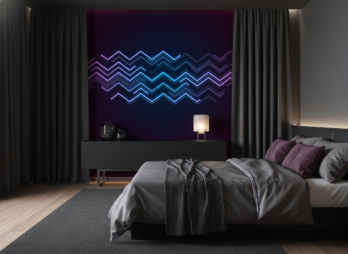 Papier Peint Néon Géométrique Zigzag Électronique Futuriste Lumineux - Chambre adulte