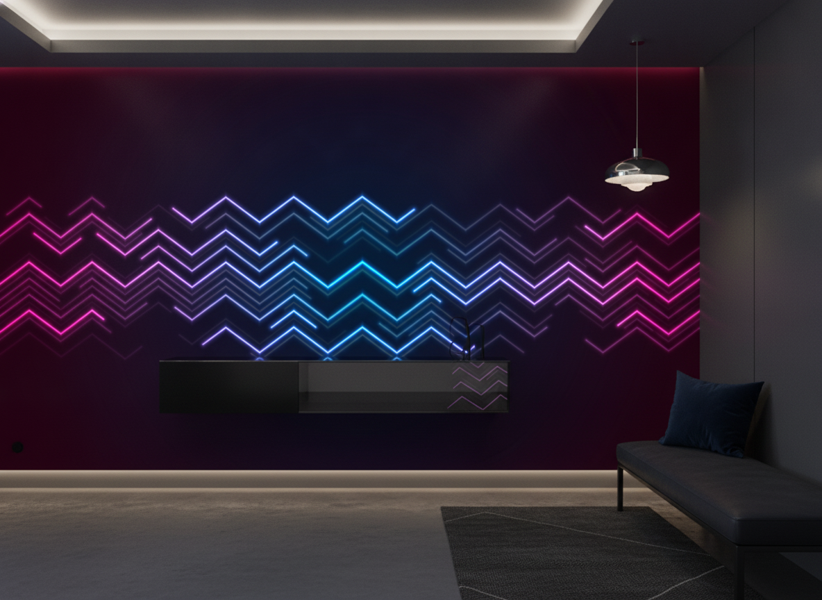 Papier Peint Néon Géométrique Zigzag Électronique Futuriste Lumineux - Entrée