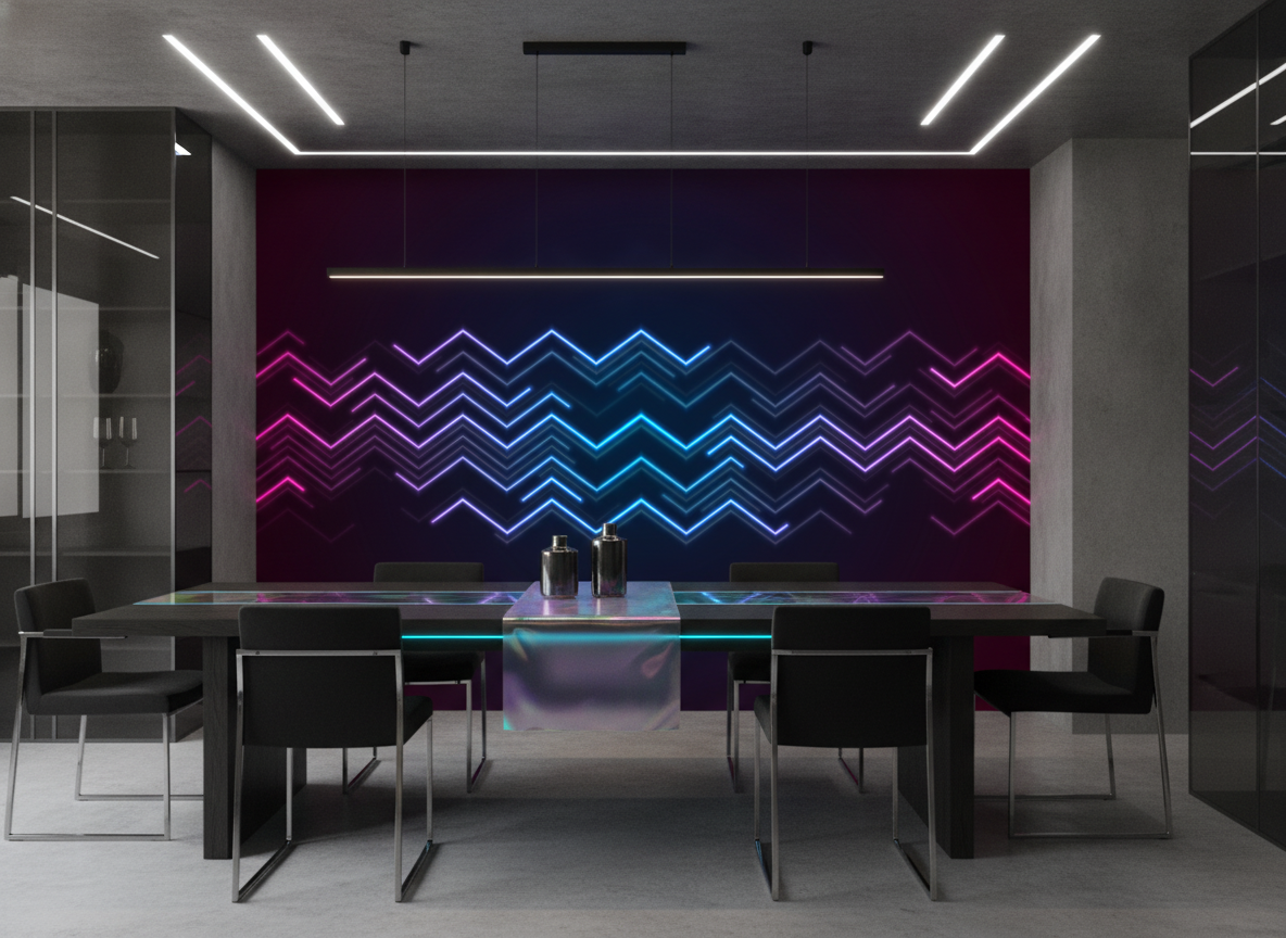 Papier Peint Néon Géométrique Zigzag Électronique Futuriste Lumineux - Salle à manger