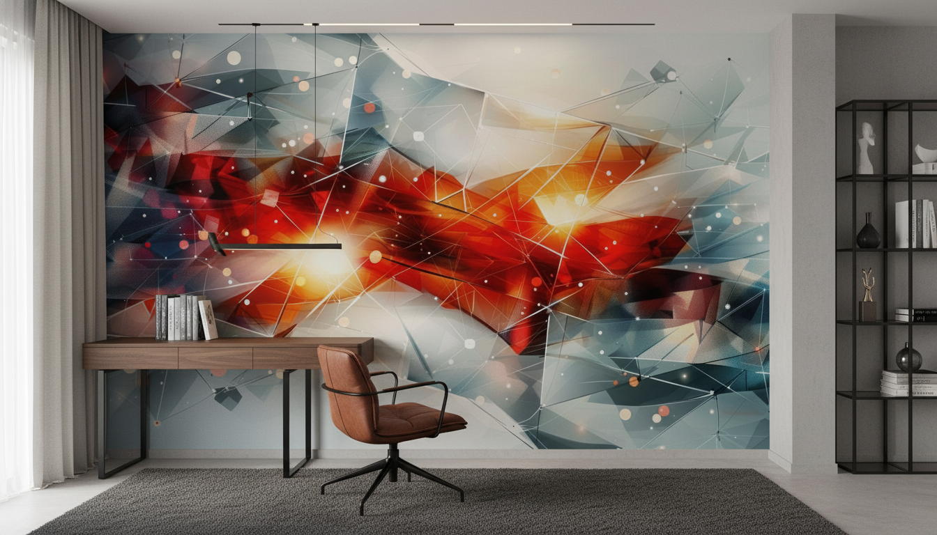 Papier peint numérique abstrait géométrique rouge orange avec réseau lumineux - Bureau