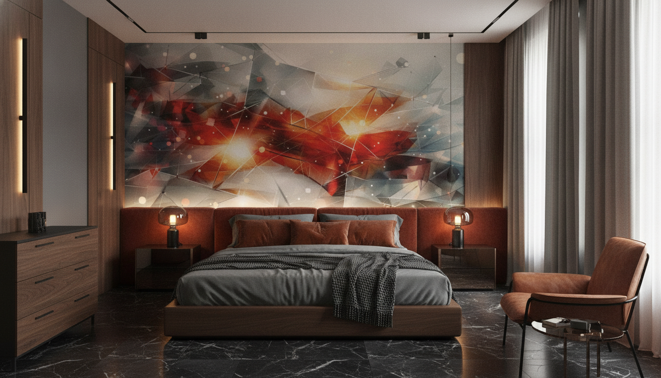 Papier peint numérique abstrait géométrique rouge orange avec réseau lumineux - Chambre adulte