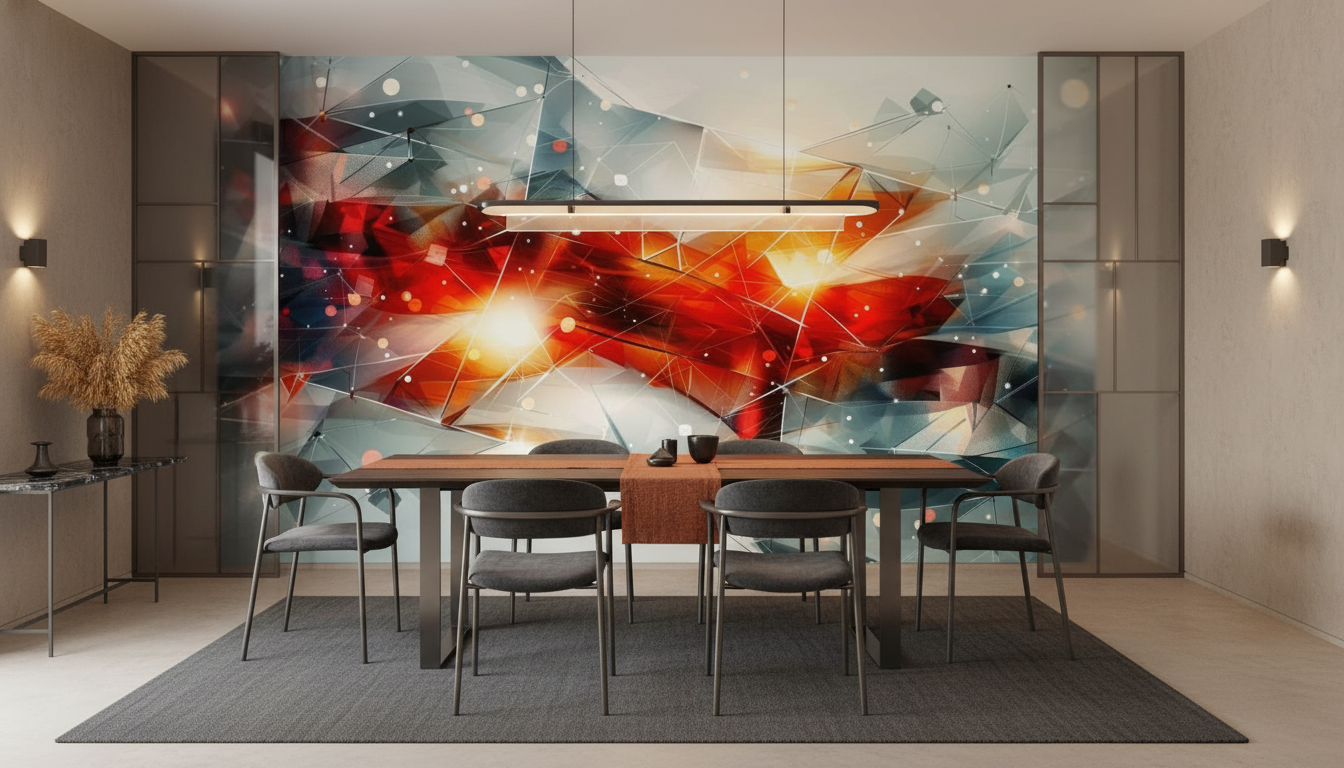 Papier peint numérique abstrait géométrique rouge orange avec réseau lumineux - Salle à manger