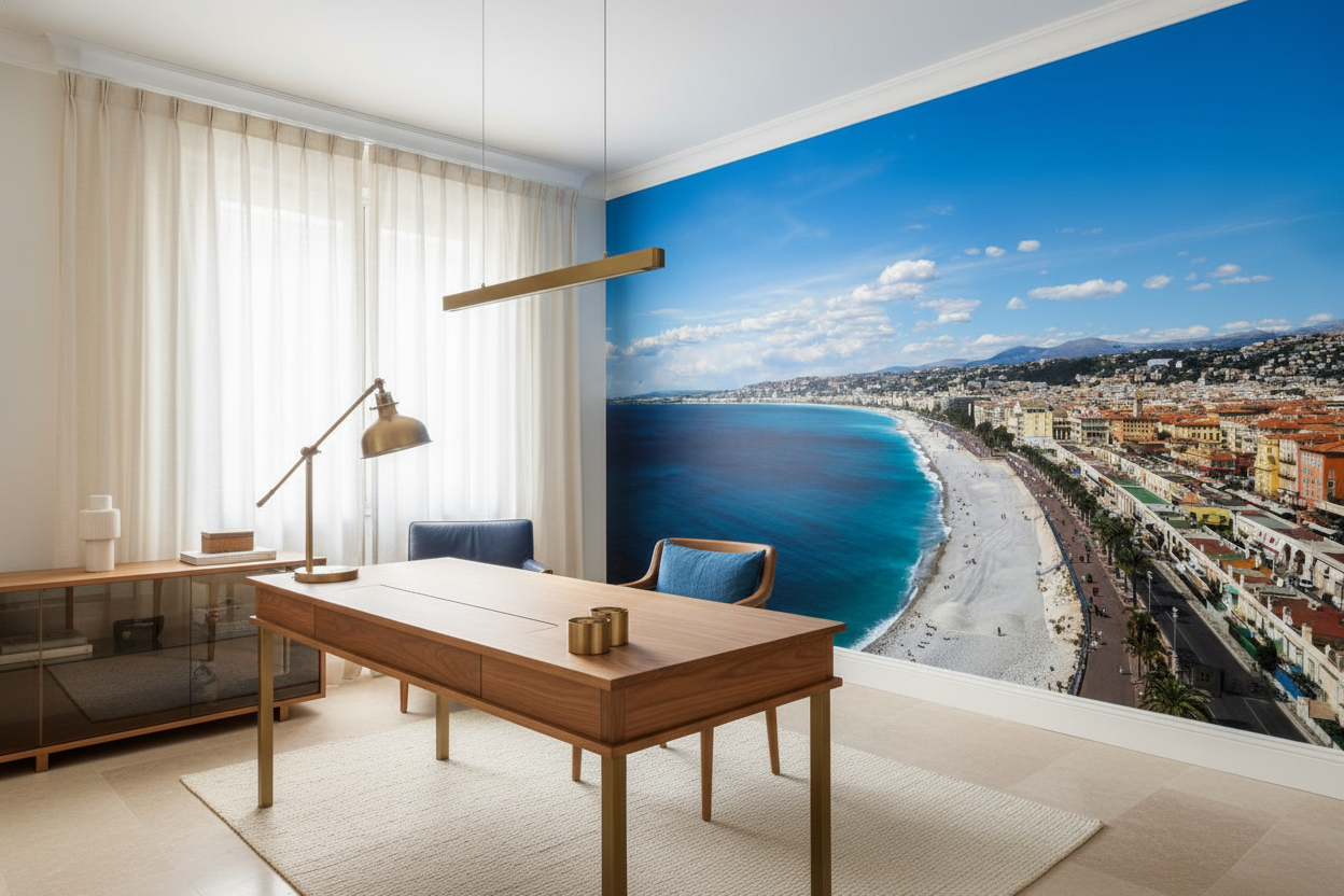 Papier Peint Panorama Côte d'Azur Mer Turquoise et Ville Méditerranéenne - Bureau