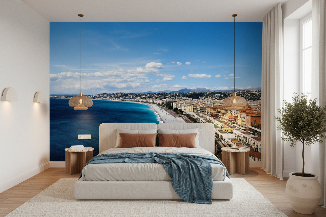 Papier Peint Panorama Côte d'Azur Mer Turquoise et Ville Méditerranéenne - Chambre adulte