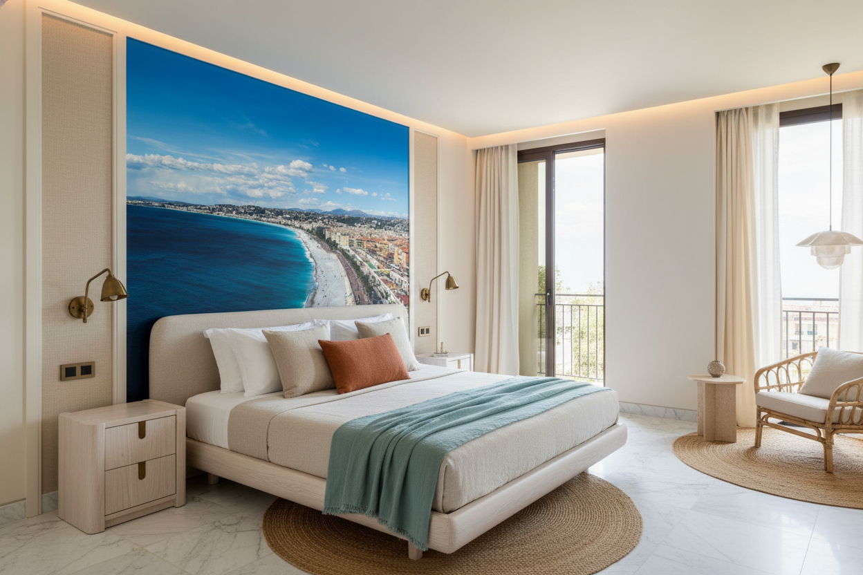 Papier Peint Panorama Côte d'Azur Mer Turquoise et Ville Méditerranéenne — Hôtel