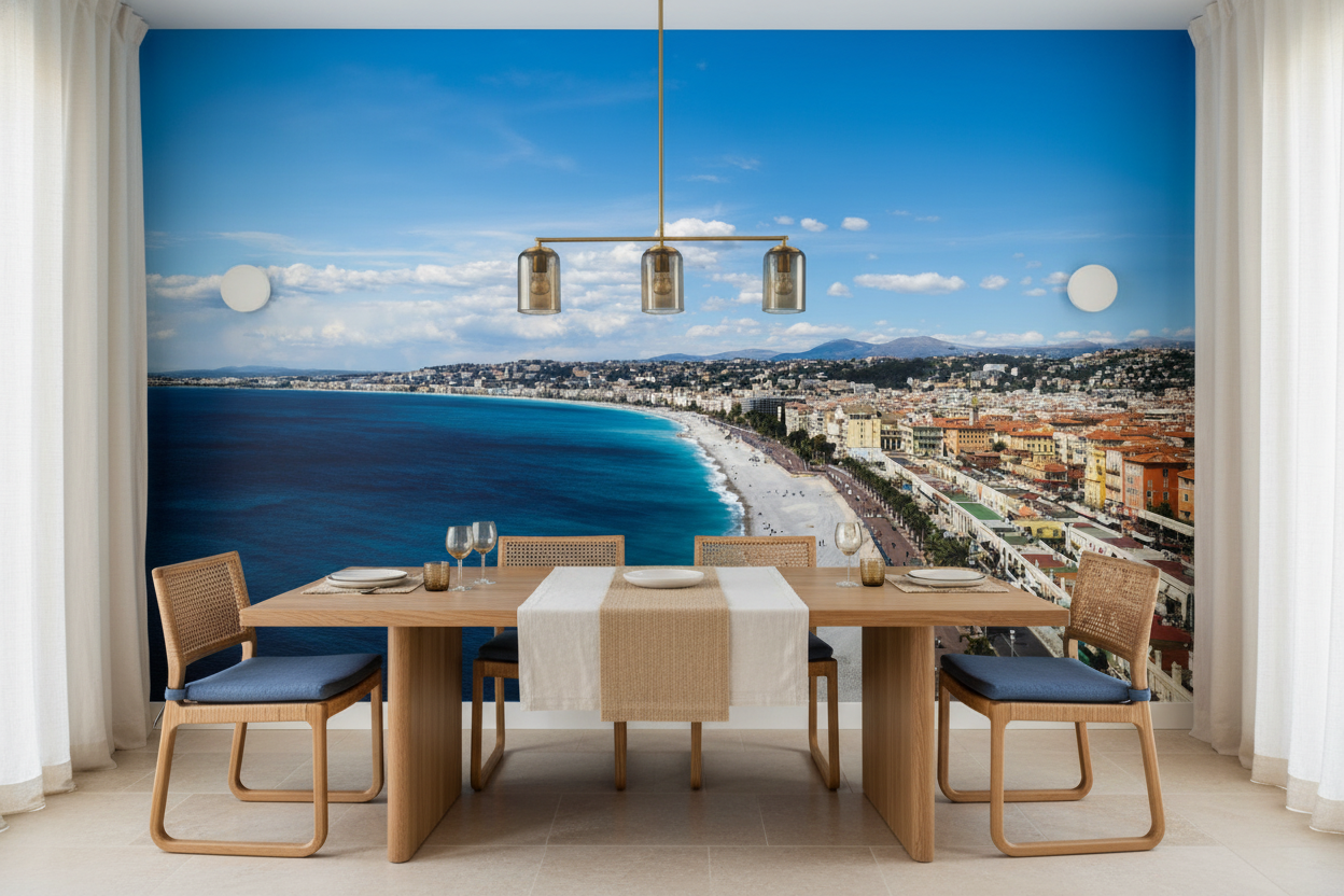 Papier Peint Panorama Côte d'Azur Mer Turquoise et Ville Méditerranéenne - Salle à manger