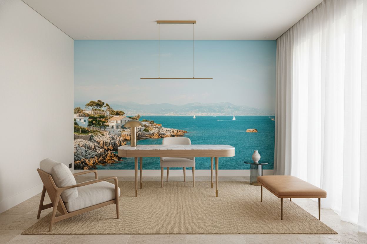 Papier Peint Panorama Côte Méditerranéenne avec Villas Blanches et Mer Turquoise - Bureau