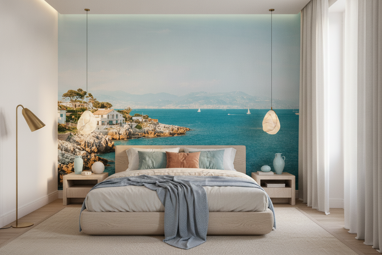 Papier Peint Panorama Côte Méditerranéenne avec Villas Blanches et Mer Turquoise - Chambre adulte