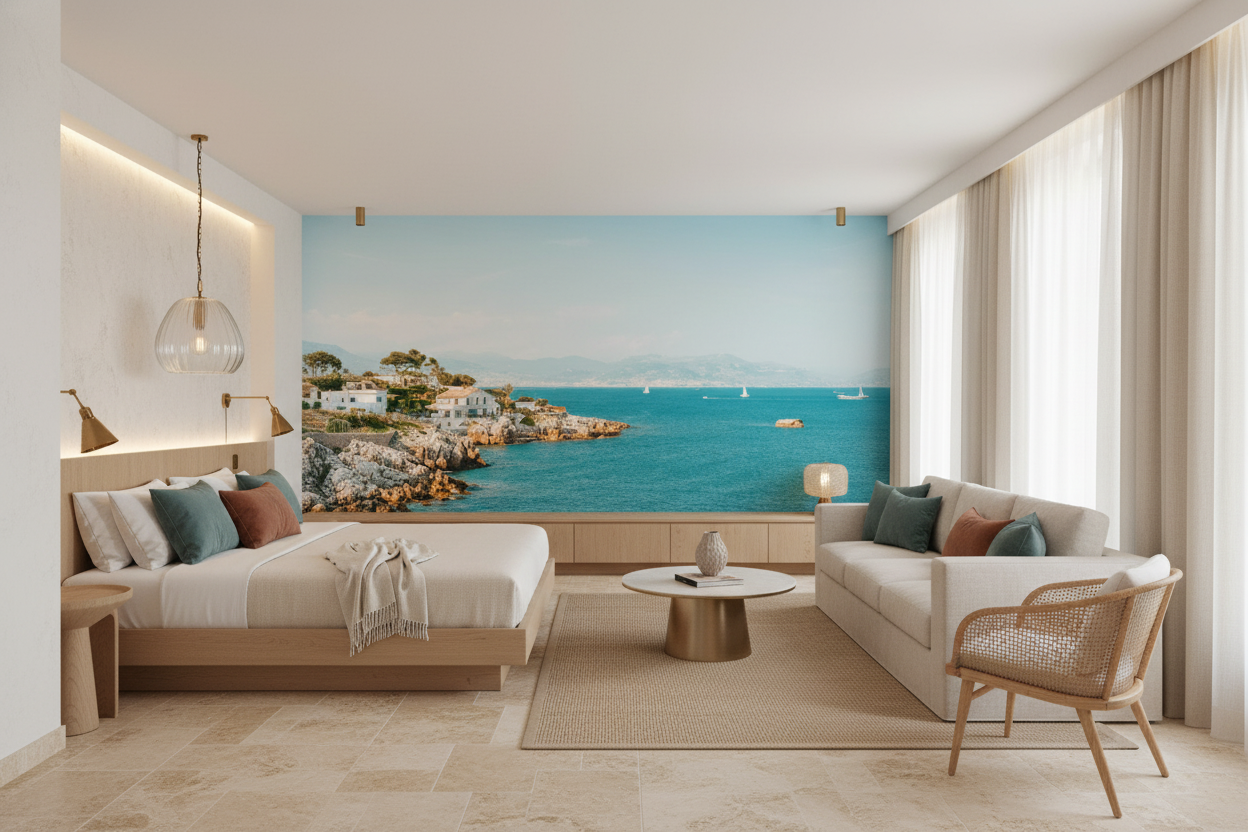 Papier Peint Panorama Côte Méditerranéenne avec Villas Blanches et Mer Turquoise — Hôtel