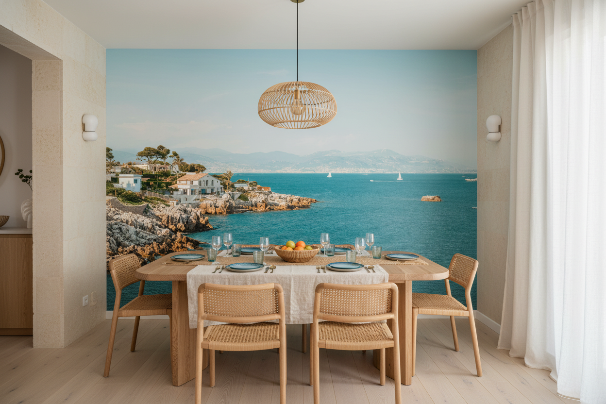 Papier Peint Panorama Côte Méditerranéenne avec Villas Blanches et Mer Turquoise - Salle à manger