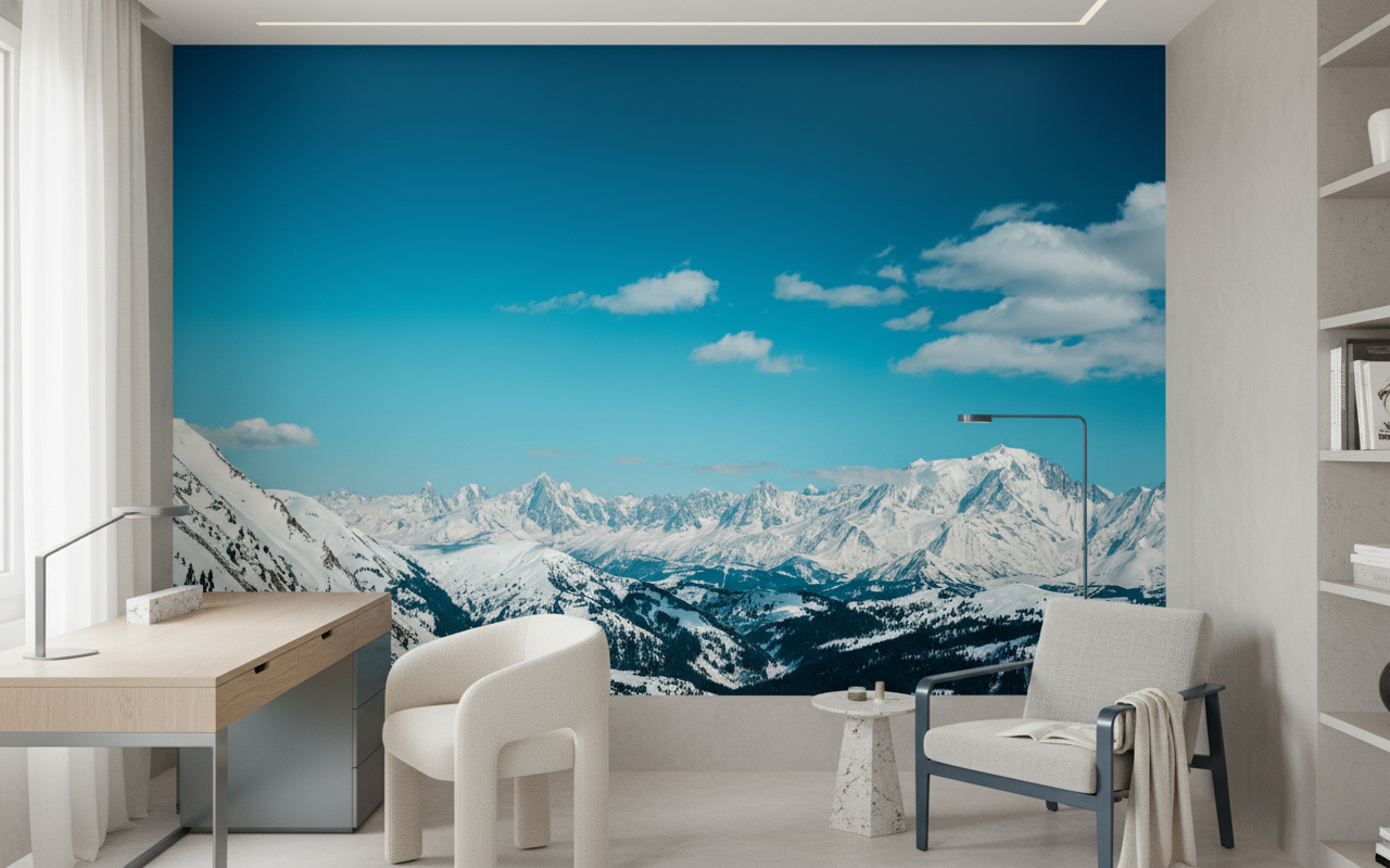 Papier Peint Panorama Montagne Enneigée Sous Ciel Azur - Bureau
