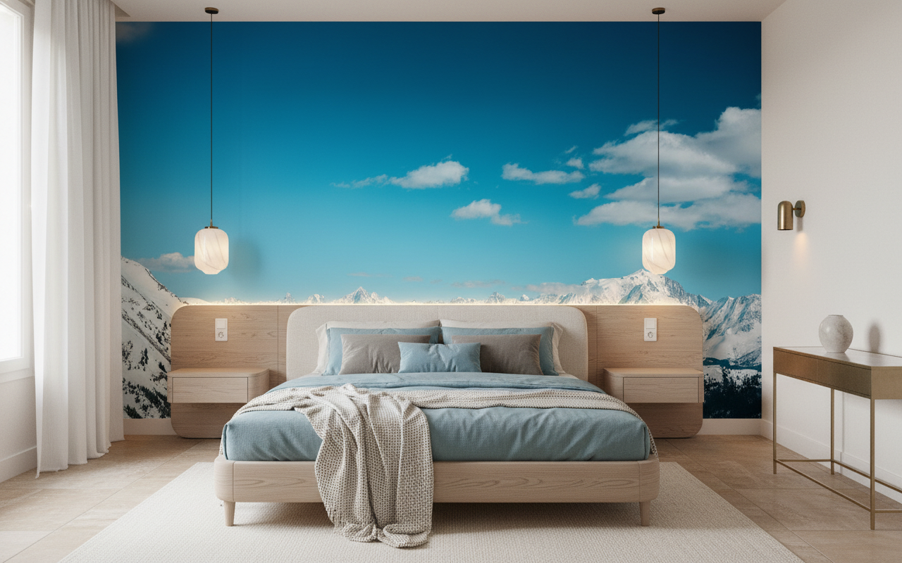 Papier Peint Panorama Montagne Enneigée Sous Ciel Azur - Chambre adulte
