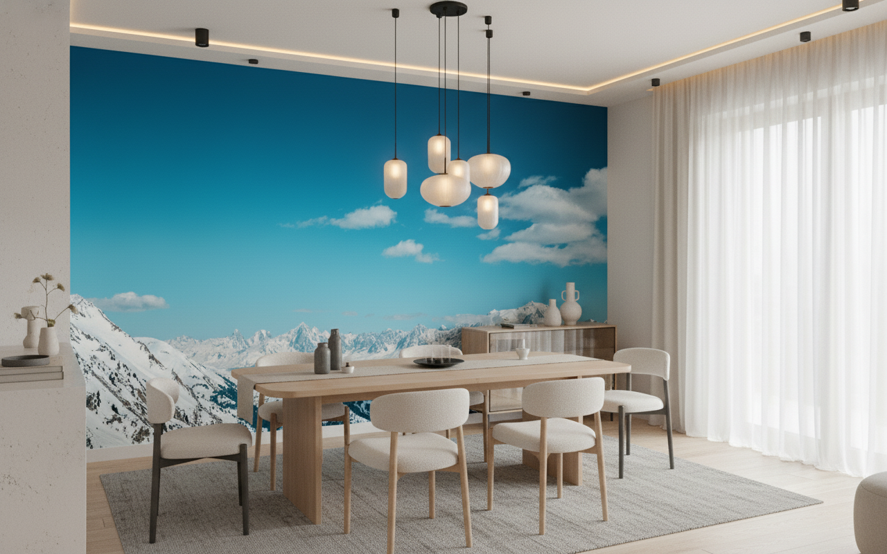 Papier Peint Panorama Montagne Enneigée Sous Ciel Azur - Salle à manger