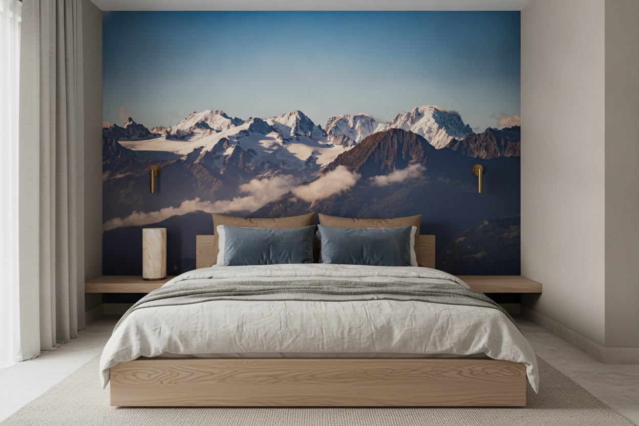 Papier Peint Panorama Montagneux Majestueux Pics Enneigés Nuages - Chambre adulte