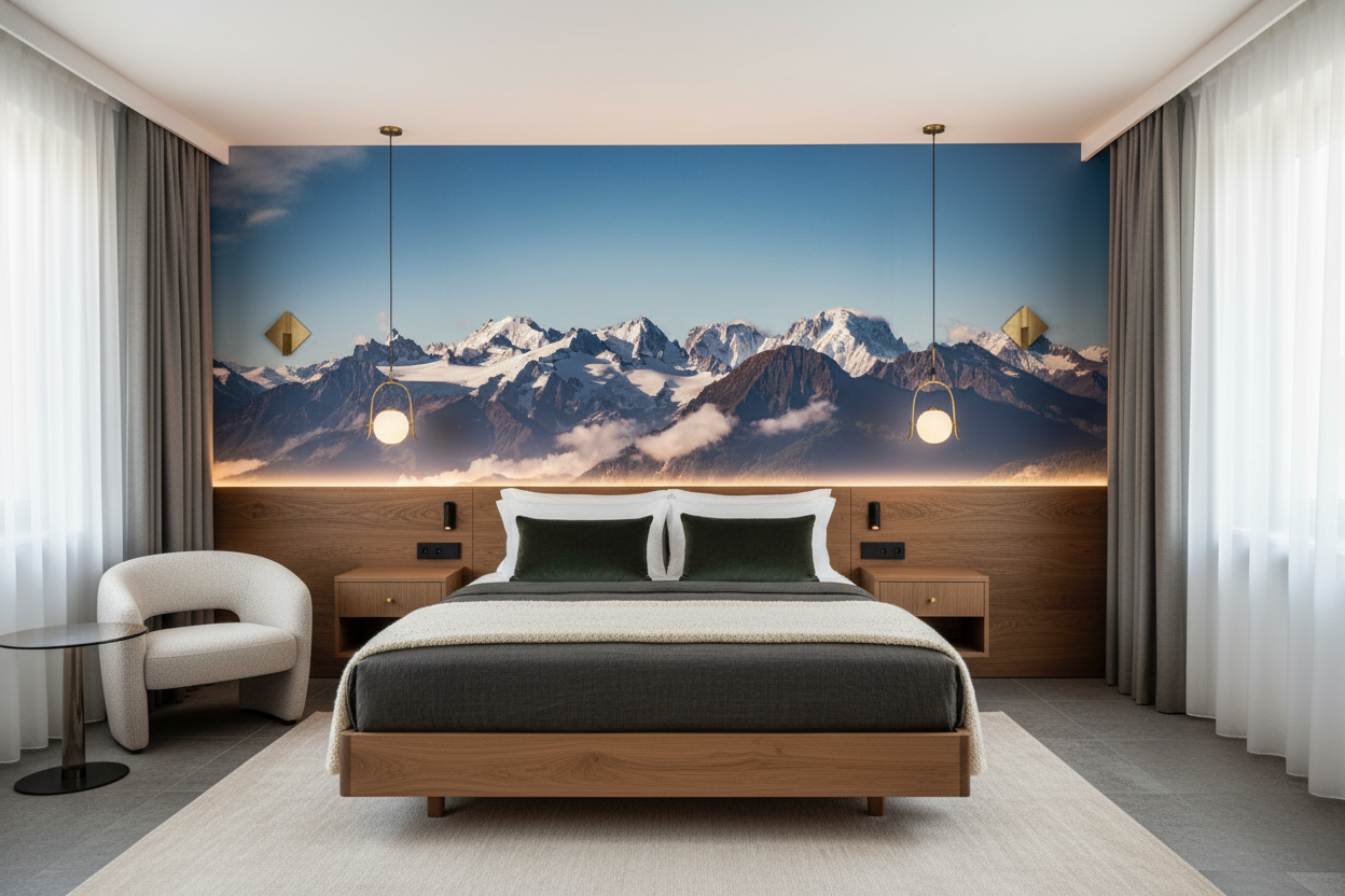 Papier Peint Panorama Montagneux Majestueux Pics Enneigés Nuages — Hôtel